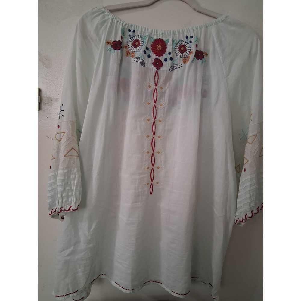 Johnny Was 3J Workshop Mint Green Embroidered Peasant Blouse Boho Top Large - Picture 5 of 6
